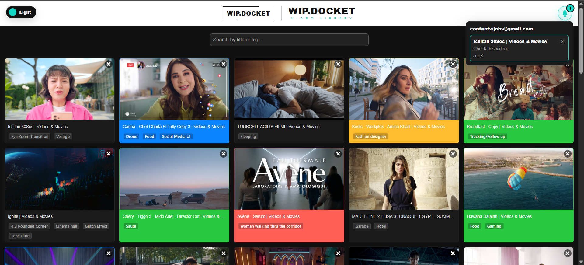 WIP. DOCKET Video Library dashboard